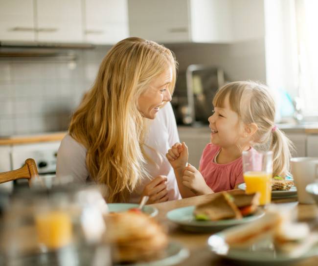 Mother and daughter having breakfast